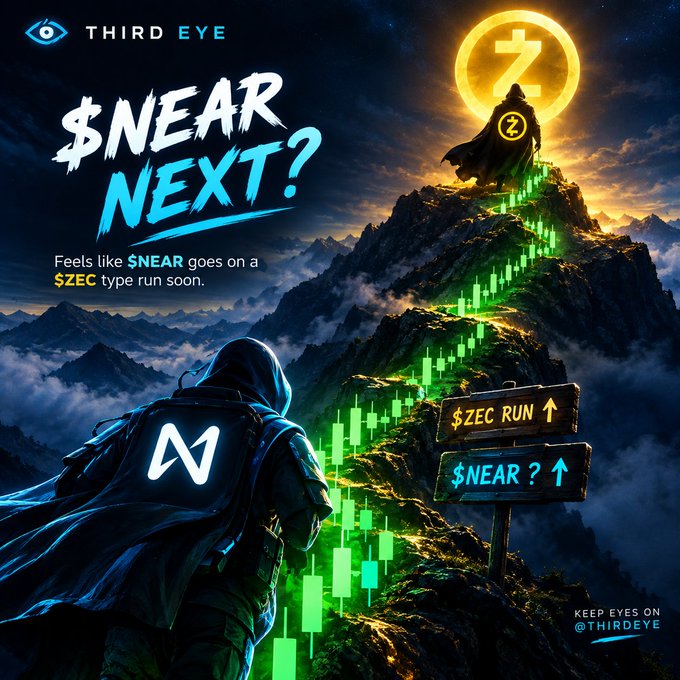 Crypto promotional graphic titled '$NEAR NEXT?' by Third Eye, depicting a hooded figure looking toward a mountain peak with a Zcash symbol, suggesting $NEAR may follow a $ZEC type run.