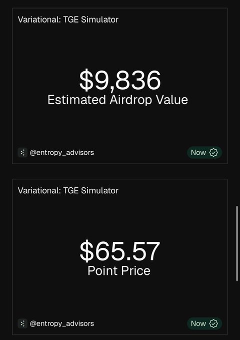 The image shows two cards from a "Variational: TGE Simulator" displaying an estimated airdrop value of $9,836 and a point price of $65.57, both shared by @entropy_advisors. These values directly correspond to the post's modeled airdrop projections based on community allocation and FDV assumptions.