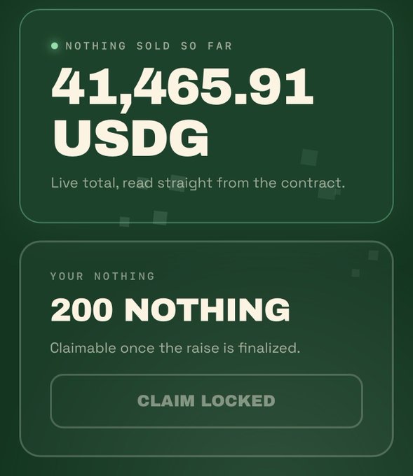 A screenshot showing 'NOTHING SOLD SO FAR' with a live total of 41,465.91 USDG, and below it 'YOUR NOTHING' shows 200 NOTHING claimable with a 'CLAIM LOCKED' button.