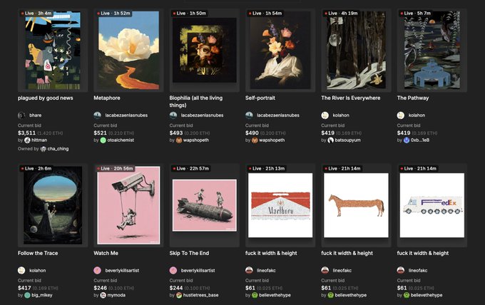 A grid of live NFT auction listings on a marketplace, showing various artworks with current bids, including pieces by lacabezaslunubes, kolanhon, beverlykillsartist, linoelbac, and bellevethehype, with titles like 'plagued by good news', 'Metaphore', 'Biophilia', 'Self-portrait', 'The River is Everywhere', 'Follow the Trace', 'Watch Me', and 'Skip To The End'.