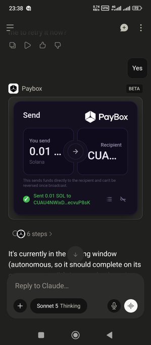 A smartphone screenshot showing an AI assistant sending 0.01 SOL to a recipient via Paybox, with the message 'Yes' visible.