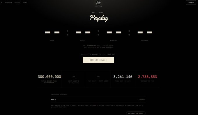 A dark-themed webpage for "Payday" displays a payout countdown timer with zeros for Days, Hours, Minutes, and Seconds, alongside statistics showing 300,000,000 total pool allocation, 3,261,146 sold out of date, and 2,738,853 burned. The countdown ending at zero aligns with the announcement that the first PayCheck claim period has closed and unclaimed $SUIT tokens have been burned.