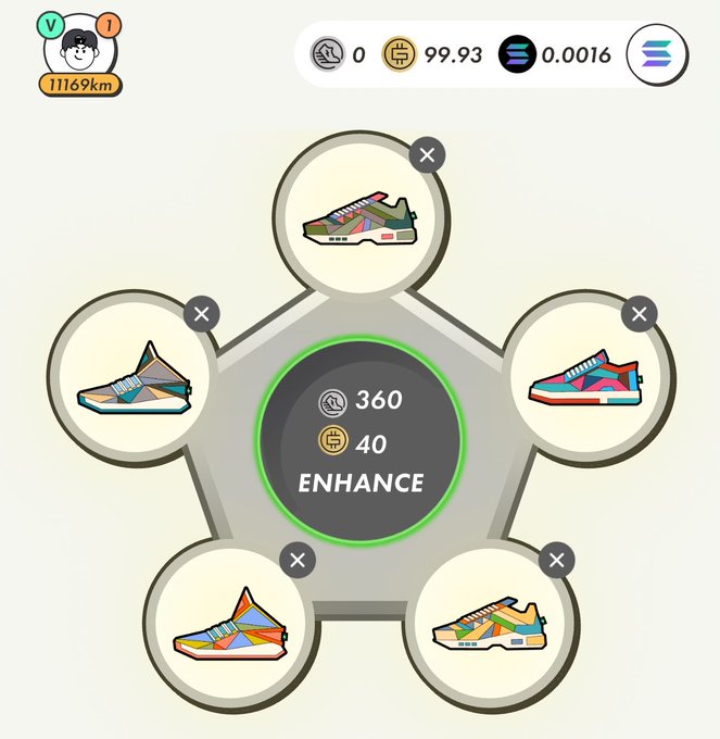 The image shows a collection of six different shoes, each with unique colors and designs, arranged around a central circle. The shoes are displayed in various positions within the circle, creating an eye-catching arrangement that captures attention. The text "enhance" is written on the circle, suggesting that these shoes can be enhanced or improved upon. The post also mentions that there are enhancements coming soon for those who haven't bought shoes yet and encourages people to buy them as soon as possible.

The image has a total of six different shoe designs, with each design placed at a specific position within the circle. There is no text present in the image itself, but it does contain some information about the shoes that can be inferred from its context.