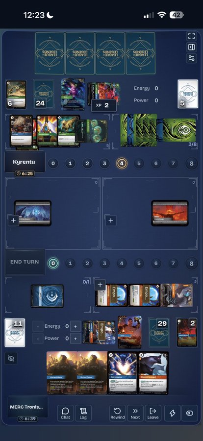 A screenshot of the Marvel Snap digital card game in progress, showing a board layout with player names "Kyrentu" and "MERC Tronis..." along with various game cards and turn indicators.