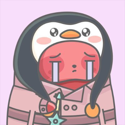A cute cartoon illustration of a crying pink character with a penguin hood hugging a star-tipped staff against a light pink background.