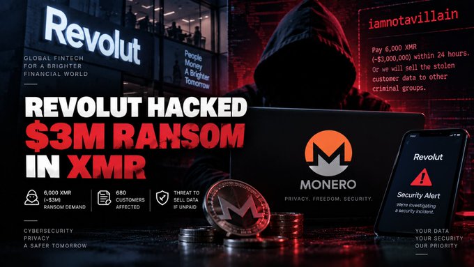 A graphic image with the headline 'REVOLUT HACKED $3M RANSOM IN XMR' shows a hooded figure at a laptop, alongside text from 'iamnotavillain' and details about the '6,000 XMR ($3M) RANSOM DEMAND' affecting '680 CUSTOMERS AFFECTED'.