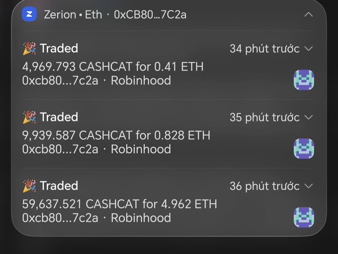 A Zerion wallet transaction history showing three 'Traded' entries for CASHCAT tokens swapped for ETH on the address 0xCB80...7C2a via Robinhood.