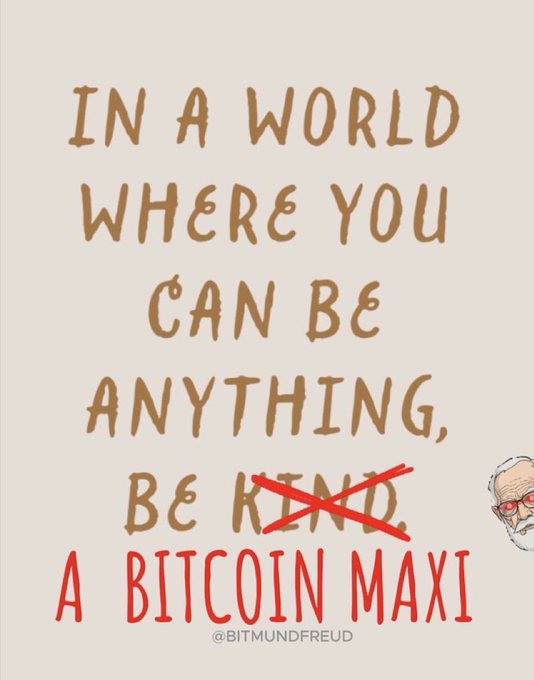 A meme parodying the 'Be Kind' slogan, featuring text that reads 'IN A WORLD WHERE YOU CAN BE ANYTHING, BE KIND' with 'KIND' crossed out and replaced by 'A BITCOIN MAXI' in red, alongside a small illustration of a bearded man with glasses.
