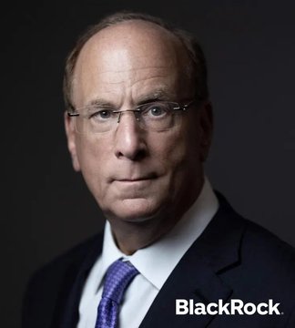 A professional headshot of an older bald man wearing glasses, a dark suit, and purple tie, with the BlackRock logo visible in the corner.
