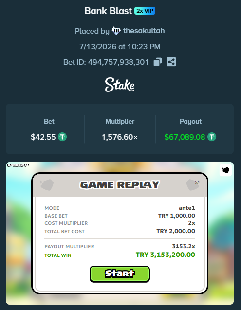 A screenshot of a "Bank Blast" game on Stake with a $42.55 bet placed by user "thesakultah," winning $67,089.08 with a 1,576.60x multiplier, likely shared to showcase a big win and encourage others to drop their own Stake usernames.