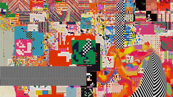 A vibrant digital collage featuring chaotic, psychedelic patterns with checkered motifs, colorful pixelated shapes, and bold geometric designs. The piece, titled "Singularity Theory" as a 7/10 limited edition of 5 XTZ (Tezos), is characteristic of generative NFT artwork traded on the Tezos blockchain.