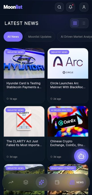 A mobile app screenshot of 'Moonlist' displaying a 'LATEST NEWS' feed with industry headlines about Hyundai Card stablecoin payments, Circle launching Arc Mainnet, the CLARITY Act failing, and Chinese crypto exchange CoinEx.