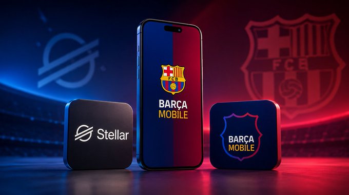 A promotional image showcases 'BARÇA MOBILE' displayed on a smartphone screen, flanked by Stellar and Barça Mobile branded app icons, with FC Barcelona's crest visible in the background.