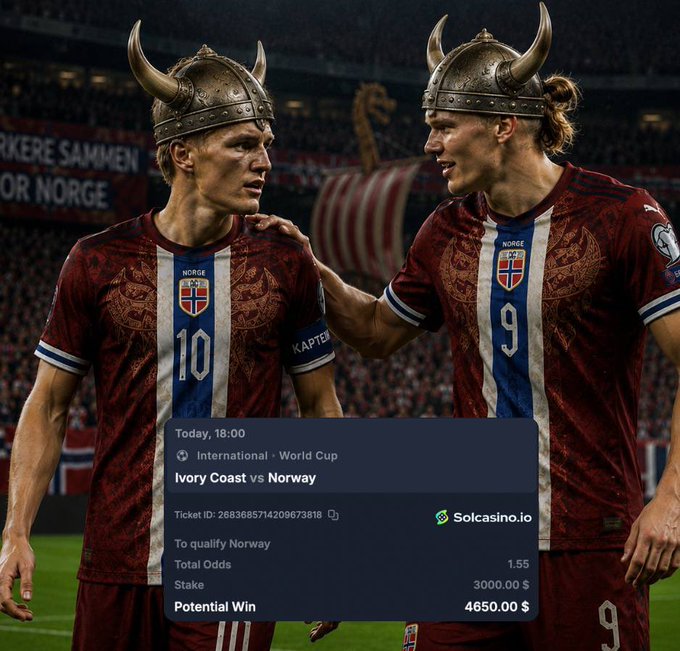 Two Norwegian soccer players in red jerseys and Viking helmets stand together on the field, overlaid with a betting coupon showing a $3,000 stake on Ivory Coast vs Norway (Sept 9, 18:00) at 1.55 odds for a potential $4,650 win on Solcasino.io, promoting their $50 free bet giveaway.