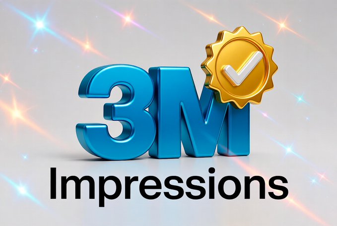 A 3D graphic displays blue letters '3M' next to a gold verified badge with a checkmark, with the word 'Impressions' written below on a sparkly background.
