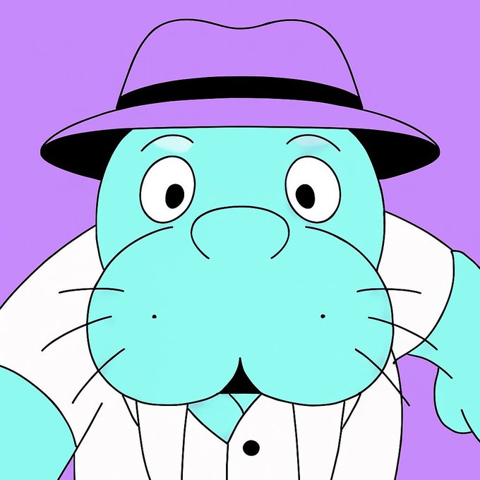 An illustration of a teal-colored cartoon cat-like character with big round eyes, whiskers, and a prominent snout, wearing a purple fedora hat and a white collared shirt against a solid purple background.