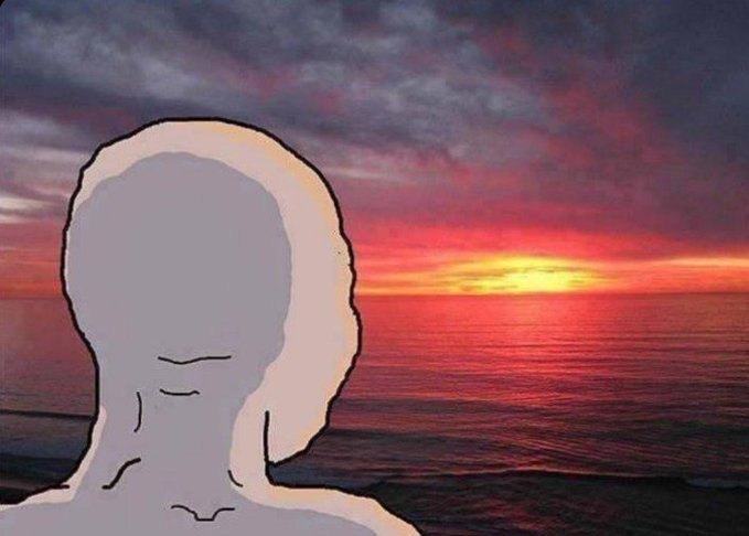 An illustration showing the gray silhouette of a person's head and shoulders in the foreground, looking out over an ocean toward a vibrant red and yellow sunset.