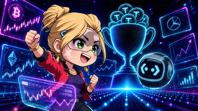 An anime-style illustration shows a blonde female character cheering, surrounded by floating digital panels displaying cryptocurrency symbols, including a 'B' for Bitcoin, an 'E' for Ethereum, and 'T' coins, alongside a trophy and a robot head.