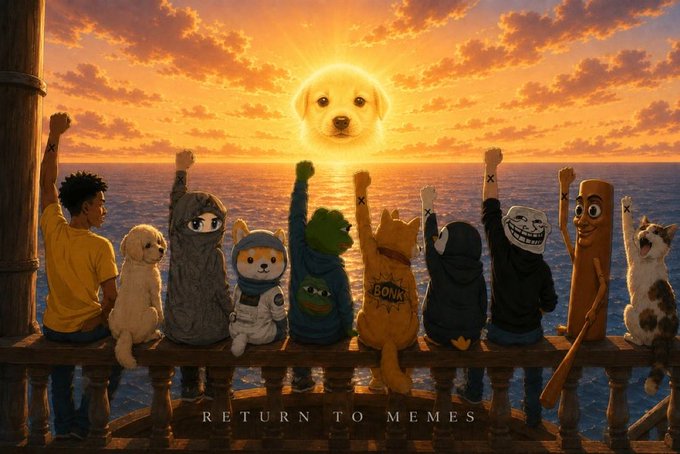 A meme parody showing various characters, including a dog-headed sun, Pepe, and Doge in hoodies, raising their fists toward the sun, with text "RETURN TO MEMES."