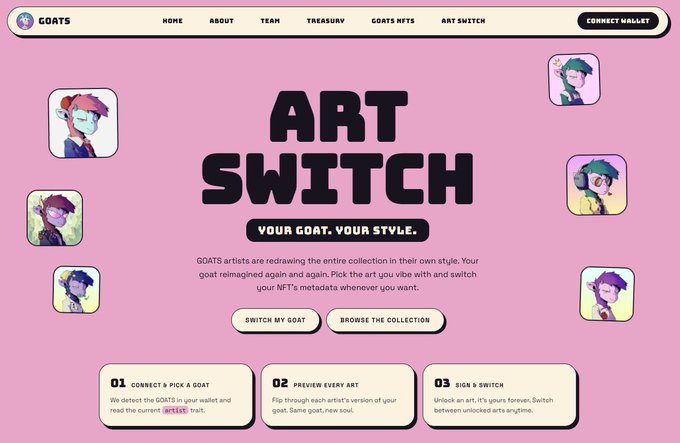 The image shows a webpage for "GOATS" featuring an "ART SWITCH" section with the tagline "YOUR GOAT, YOUR STYLE," where GOATS artists are reworking their art collections. The page explains that users can pick a goat NFT and switch its metadata with an artist's reimagined version, displaying illustrated character portraits and three-step instructions: "01 Connect & Pick a Goat," "02 Preview Every Art," and "03 Sign & Switch," which supports the tweet announcing "GOAT ART SWAP DAY is LIVE!" with @siloHasArt's contribution.