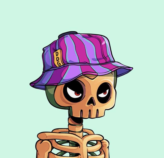 A cartoon illustration of a skeleton wearing a purple and pink striped bucket hat with a 'DDG' patch.