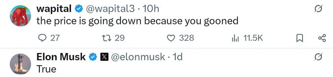 The image features a post on Twitter with two lines of text, one of which reads "the price is going down because you wentoned". This message seems to be directed towards an individual named Elon Musk who has tweeted about the price drop. The post also includes a screenshot of the person's profile picture and their name tag.