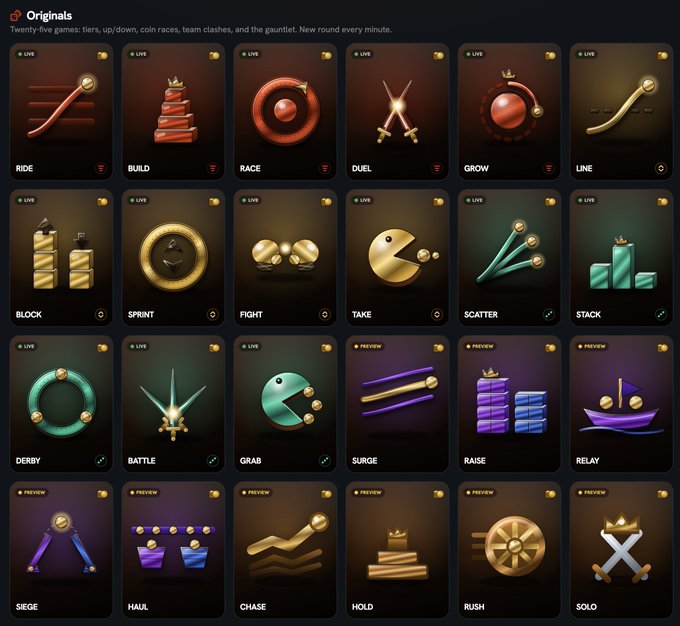 A grid titled 'Originals' showcases 25 different game icons with gold and red 3D designs, labeled with names like 'RIDE', 'BUILD', 'RACE', 'DUEL', and 'GROW', indicating live and preview statuses.