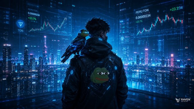 A futuristic cyberpunk-style digital artwork featuring a person viewed from behind with a bird perched on their shoulder, overlooking a neon-lit cityscape with floating cryptocurrency tickers including 'TON' and 'PEPE/TON'.