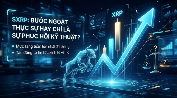A digital graphic about XRP cryptocurrency in Vietnamese, asking '$XRP: BƯỚC NGOẶT THỰC SỰ HAY CHỈ LÀ SỰ PHỤC HỒI KỸ THUẬT?' featuring a bull, an upward arrow, and a balance scale.
