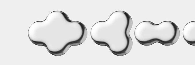 A minimalist 3D render showing smooth, metallic silver blobs against a light gray background.