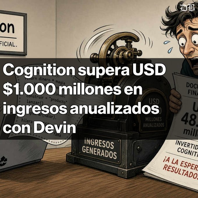 A Spanish-language graphic with cartoon illustration showing text 'Cognition supera USD $1.000 millones en ingresos anualizados con Devin', featuring an old-fashioned cash register and a stressed-looking man holding papers.