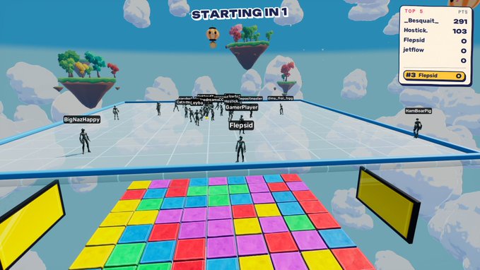 A screenshot of a Fall Guys-style video game showing players on a colorful grid platform with "STARTING IN 1" displayed, floating islands, and a leaderboard in the top right.