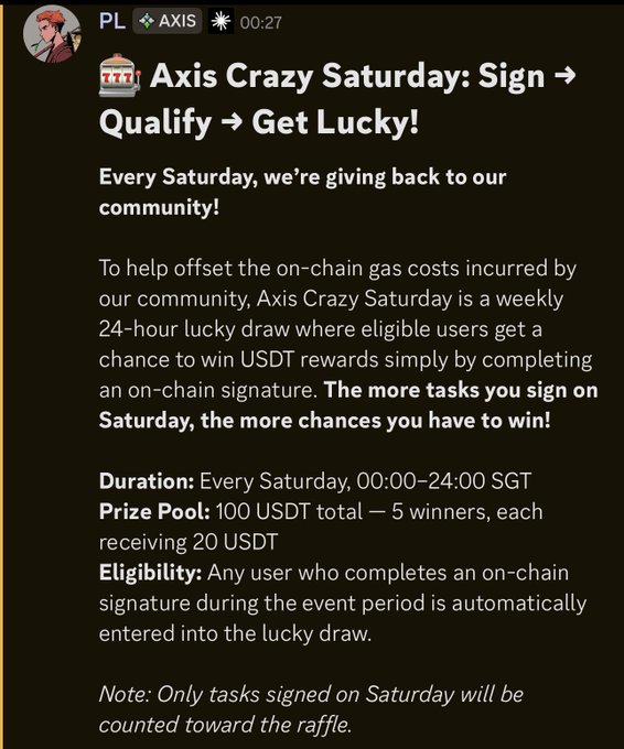 A promotional announcement for 'Axis Crazy Saturday' offering 100 USDT in prizes for users completing on-chain signatures, with 5 winners receiving 20 USDT each.