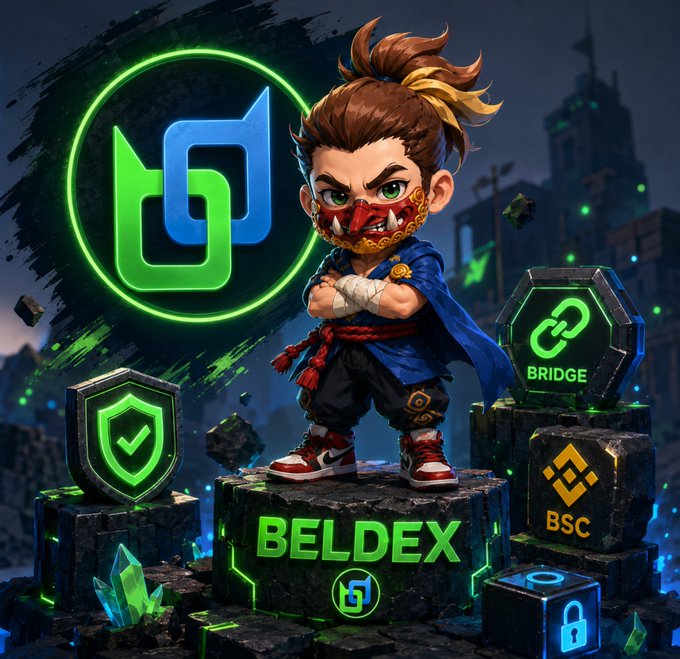A promotional graphic for 'BELDEX' cryptocurrency features a cartoon ninja character surrounded by logos for bridges, BSC, and security features.