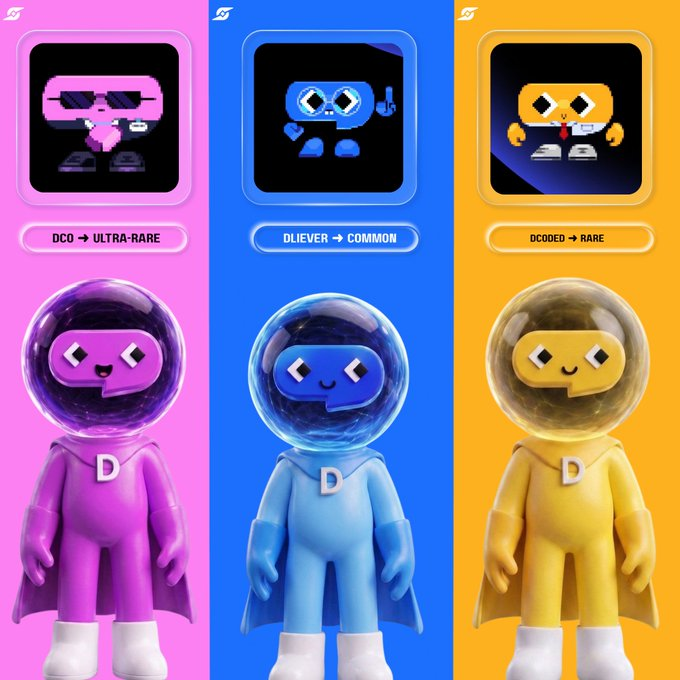 Three collectible 3D astronaut figures in pink, blue, and yellow stand below pixel-art character badges labeled "DCO → ULTRA-RARE," "DLIEVER → COMMON," and "DCOED → RARE," each featuring a smiling speech-bubble face and a "D" emblem on their suits. The image visually represents the Discord role tier updates within the Dlicom community, showcasing the rarity-based membership system being celebrated.
