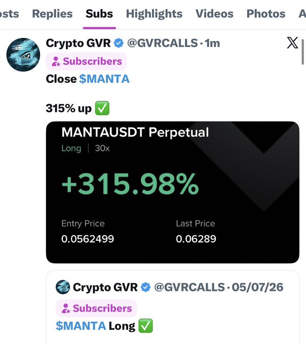 A Twitter/X post from "Crypto GVR" (@GVRCALLS) showing a closed long trade on MANTAUSDT Perpetual (30x leverage) with a +315.98% gain, entry price 0.0562499 and last price 0.06289, celebrating the winning trade for subscribers.