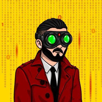 Cartoon illustration of a man with a beard wearing a red trench coat and green-lensed goggles, standing in front of a yellow background covered in binary code.