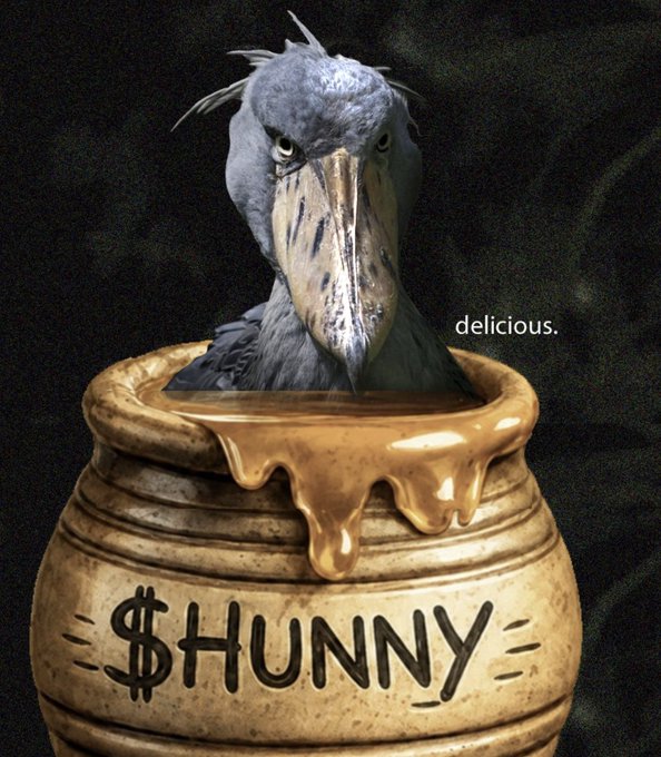 A shoebill stork sits inside a golden honey pot labeled '$HUNNY' with honey dripping down the sides, accompanied by the text 'delicious.'