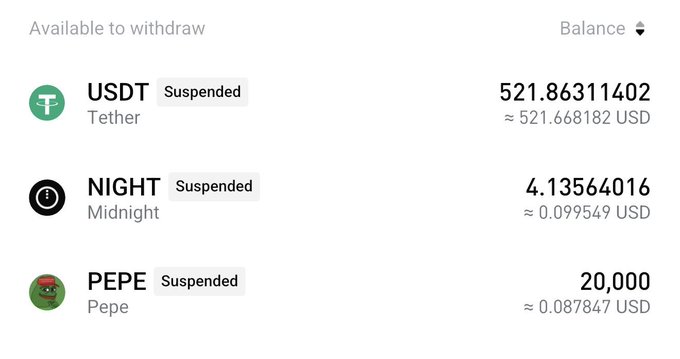 A cryptocurrency wallet showing available balances for USDT (521.86), NIGHT/Midnight (4.13), and PEPE (20,000), all marked as "Suspended".