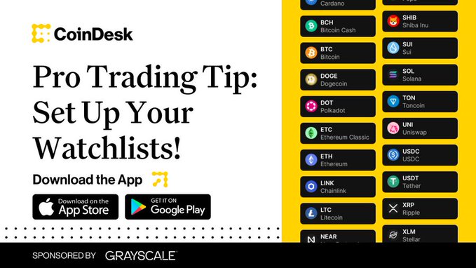 A CoinDesk ad featuring the headline "Pro Trading Tip: Set Up Your Watchlists!" alongside app store download buttons, with a yellow panel displaying cryptocurrency tickers including BTC, ETH, SOL, DOGE, DOT, ADA, SHIB, SUI, and more, sponsored by Grayscale.