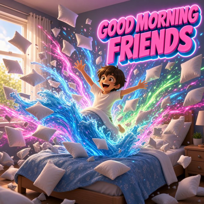 A vibrant 'Good Morning Friends' anime-style illustration of a boy jumping on a bed with colorful magical water effects and floating pillows.
