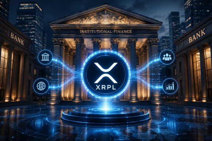 The image shows the XRP logo displayed prominently in a glowing blue digital centerpiece, framed by classical bank buildings labeled "BANK" and "INSTITUTIONAL FINANCE," symbolizing XRP's role in connecting traditional banking systems with blockchain technology as a potential bridge between the two worlds.