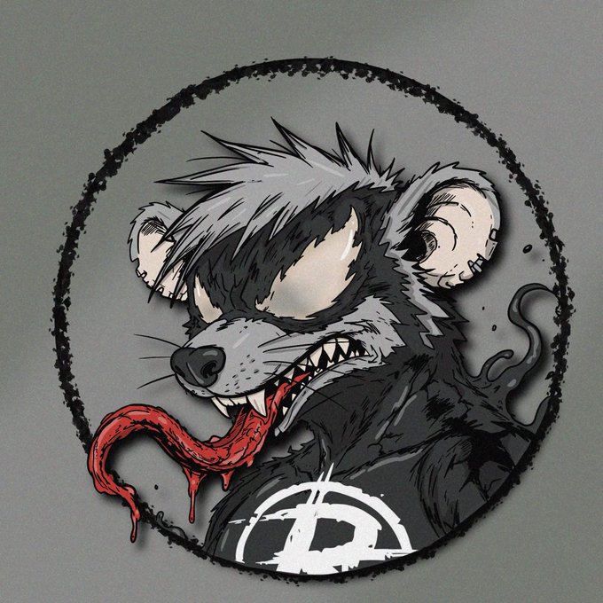 The image features an aggressive, stylized ferret or weasel-like creature with bared fangs and a dripping red tongue, set within a distressed circular border and marked with a "P" logo at the bottom—fitting the edgy aesthetic of a Web3 NFT project. The artwork represents the honorary collectible mentioned in the post, tied to a distribution of 200 clearance passes (30 Serum and 170 Artifact) by @asymes9 and @Blackwater_Z26.