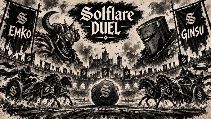 A dark, stylized fantasy-themed promotional graphic titled 'Solflare DUEL' featuring two opposing banners labeled 'EMKO' (with a horned warrior) and 'GINSU' (with a sword-wielding figure), flanking a central castle and a branded ball emblem.
