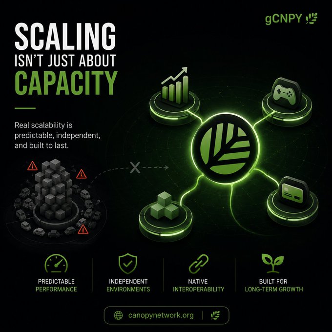 An infographic from gCNPY (canopynetwork.org) titled "SCALING ISN'T JUST ABOUT CAPACITY" illustrating network scalability features including predictable performance, independent environments, native interoperability, and long-term growth.