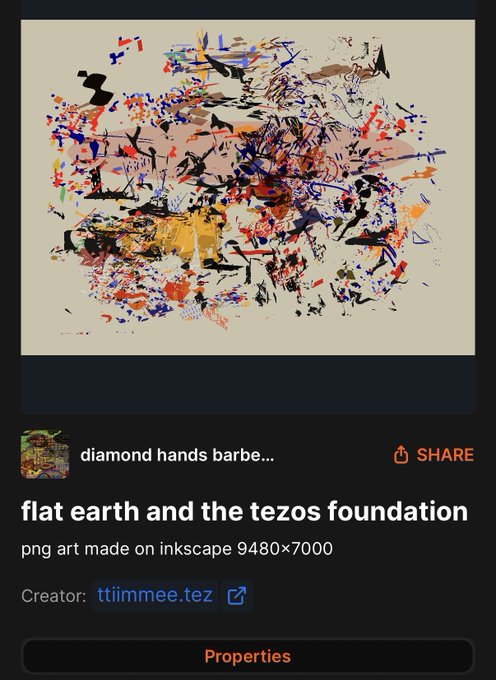 A digital NFT artwork listing titled "flat earth and the tezos foundation" by ttiimmee.tez, described as "png art made on inkscape 9480×7000," featuring abstract colorful shapes on a cream background.