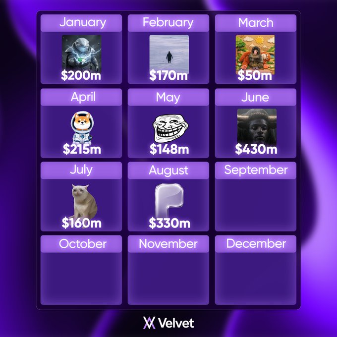 A Velvet Crypto dashboard displays a calendar-style grid of months with notable meme coins and their market caps, including $ZCAT in July at $160m and $MEME in August at $330m, alongside other tokens like January's $200m, February's $170m, March's $50m, April's $215m, May's $148m, and June's $430m, while October, November, and December remain blank—illustrating how ZCAT and MEME recently joined the list of top meme coins tracked by the platform.