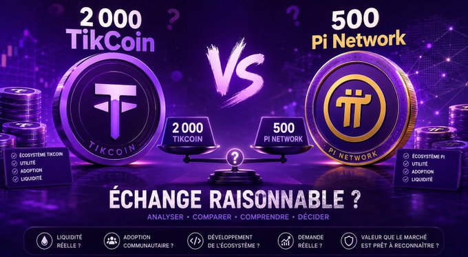 A purple-themed comparison graphic contrasts 2,000 TikCoin against 500 Pi Network with a balance scale and "VS" symbol in the center, while listing evaluation criteria like liquidity, community adoption, ecosystem development, and real demand beneath the French headline "ÉCHANGE RAISONNABLE ?" (Reasonable Exchange?). The image visually reinforces the post's central question of whether trading 2,000 TikCoin for 500 Pi Network is an objectively justified exchange or a baseless gamble.