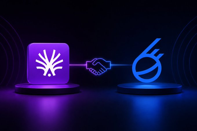 A digital illustration showing a glowing purple block with a starburst logo and a blue circle with a stylized 'G' logo connected by a handshake icon in the center, symbolizing a partnership or collaboration.