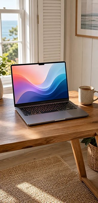 An open laptop with a colorful wave-pattern wallpaper sits on a wooden desk next to a mug of coffee, with a window showing an ocean view in the background.
